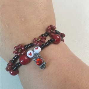 Handmade Chic Red and Black Beaded Bracelet with Heart and owl Accents